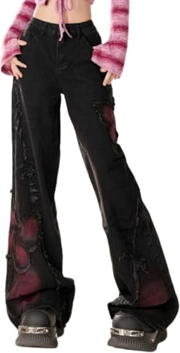 Damenjeans mit Schmetterlings Print Retro Mode lässiger Trend gerade geschnittene Harajuku Jeans Sommerjeans leicht elegant weit geschnitten (Schwarz,S) von Yancremio