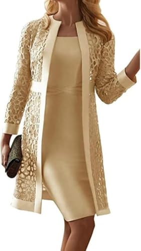Yancremio Eleganter Anzug für Damen Modisches trendiges lässiges ärmelloses Business Set aus ärmellosem Kleid und Cardigan aus Spitze Brautkleid Set für Hochzeitsfeiern (Gold,S) von Yancremio