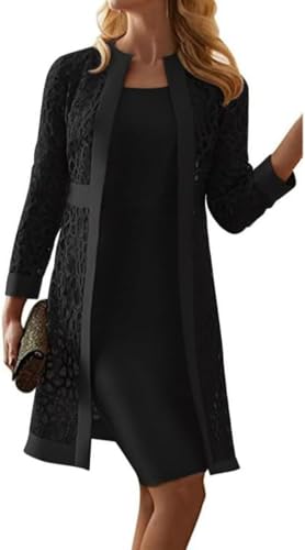 Yancremio Eleganter Anzug für Damen Modisches trendiges lässiges ärmelloses Business Set aus ärmellosem Kleid und Cardigan aus Spitze Brautkleid Set für Hochzeitsfeiern (Schwarz,S) von Yancremio