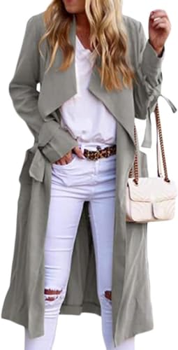 Yancremio Eleganter Trenchcoat für Damen Klassischer modischer lässiger taillierter Trenchcoat Leichte lockere Lange Businessjacke für Frühling und Herbst (Grau,M) von Yancremio