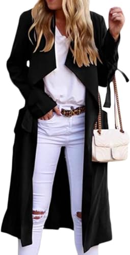 Yancremio Eleganter Trenchcoat für Damen Klassischer modischer lässiger taillierter Trenchcoat Leichte lockere Lange Businessjacke für Frühling und Herbst (Schwarz,M) von Yancremio