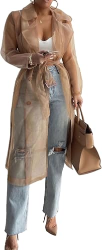 Yancremio Eleganter Trenchcoat für Damen Trenchcoat aus Tüll Mesh Organza Modische lockere Zweireiher Jacke mit Schlitz am Revers Lässiger Leichter Cardigan für den Urlaub (Khaki,M) von Yancremio