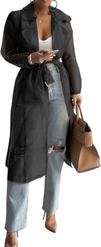 Yancremio Eleganter Trenchcoat für Damen Trenchcoat aus Tüll Mesh Organza Modische lockere Zweireiher Jacke mit Schlitz am Revers Lässiger Leichter Cardigan für den Urlaub (Schwarz,M) von Yancremio