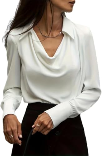 Yancremio Elegantes Satin-Langarmhemd Mit Revers Für Damen Modetrendiges Business Freizeithemd Mit Drapiertem Kragen Einfarbiges Schlichtes Formelles Bürohemd (Farbe 1,M) von Yancremio