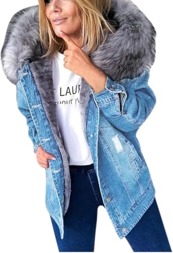 Yancremio Frauen gepolstert gefüttert Denim Jacke Mode lose lässig Knopf Kapuzenmantel Winter Vintage warm überdimensioniert Langarm Winddicht Jacke (Blau,XL) von Yancremio