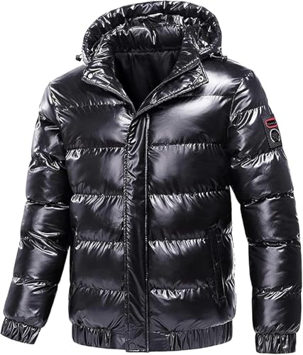 Yancremio Herren Glänzend Wasserdicht Daunenjacke Mode Locker Lässig Winter Warm Daunenjacke Outdoor Sport Kalt Reißverschluss Abnehmbare Kapuzenjacke (Schwarz,L) von Yancremio