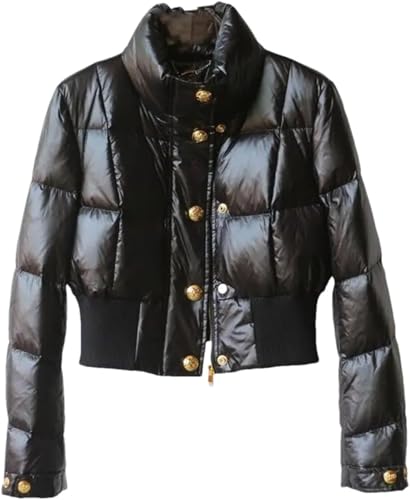 Yancremio Kurze Daunenjacke im Retro Look für Damen Herbst und Winterjacke mit Stehkragen Knopfverschluss Reißverschluss Schmale Winddichte warme Outdoor Jacke (Schwarz,XXL) von Yancremio