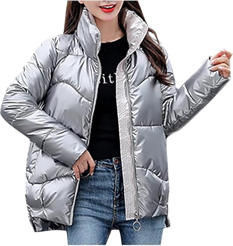 Yancremio Kurze glänzende Daunenjacke für Damen im Winter Warme Dicke Winddichte Jacke mit Reißverschluss für den Außenbereich Modische lockere Freizeitjacke (Silber-Grau,S) von Yancremio