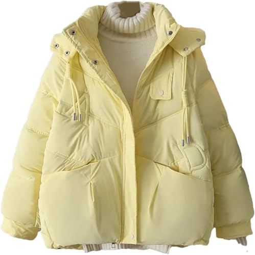 Yancremio Kurze lockere warme Daunenjacke mit Kapuze für Damen Modetrendige einfarbige Dicke Jacke Winddichte Outdoor Jacke für den Schnee (Gelb,M) von Yancremio