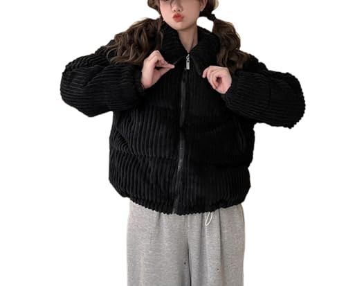 Yancremio Modische Cordjacke für Damen Lässige Winterjacke mit dickem Stehkragen und Warmer Jacke Lockere Trendige einfarbige Jacke mit Reißverschluss (Schwarz,S) von Yancremio