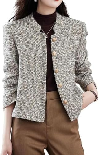 Tweed Jacke für Damen Elegante Retro Jacke mit Stehkragen einreihig für Büro und Freizeit Mode Trend leichte Jacke (Grau,M) von Yancremio