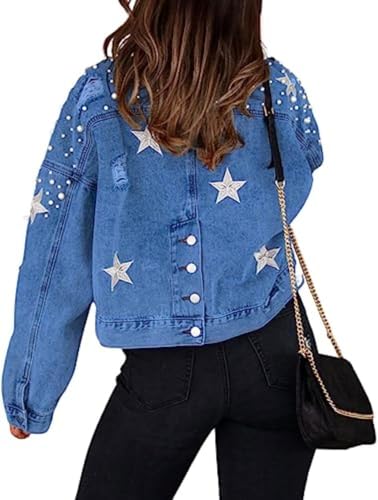 Yancremio Übergroße Jeansjacke mit Perlen für Damen Elegante Jeansjacke mit Langen Ärmeln und Sternenmuster Modische lockere lässige Jeansjacke im Gothic Punk Stil (Blau,L) von Yancremio