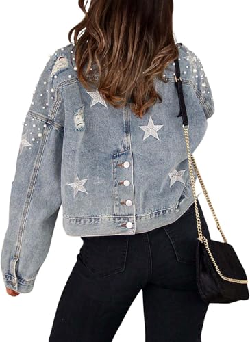 Yancremio Übergroße Jeansjacke mit Perlen für Damen Elegante Jeansjacke mit Langen Ärmeln und Sternenmuster Modische lockere lässige Jeansjacke im Gothic Punk Stil (Hellblau,XL) von Yancremio