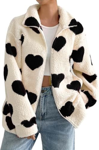 Yancremio Warme Jacke mit Herz-Print für Damen Modische dicke flauschige Jacke mit Stehkragen Lockere lässige Jacke mit langen Ärmeln und Reißverschluss für Frühling und Herbst (Schwarz,XL) von Yancremio