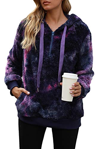 Yanekop Übergroße Damen-Kapuzenpullover mit Viertelreißverschluss, Sherpa-Jacke, Reißverschluss, Sweatshirt, flauschiger Fleecepullover mit Taschen, Dunkelviolett, S von Yanekop