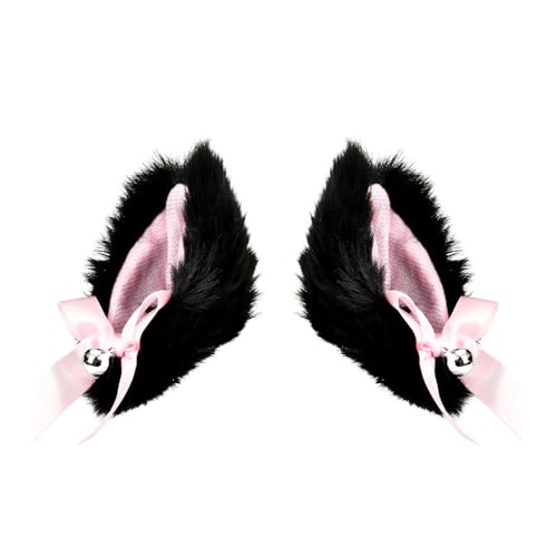 Katzenohren Haarspange Erwachsene Weihnachten Halloween Custome Haarspangen Cosplay Haarschmuck für Frauen Schwarz Pelzige Tier Wolf Ohren Partykleid Katzenohren Haarspangen mit Glocke Schleife Dekor von YangQian