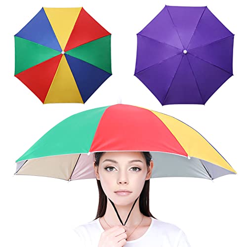 YANGSHINE 2PCS Regenschirm Hut mit elastischem Band, Fischen Regenschirm Cap im Freien Falten Kopfbedeckung Regenschirm Hut für Erwachsene Kinder Frauen Männer, Regenbogen+Lila von YANGSHINE