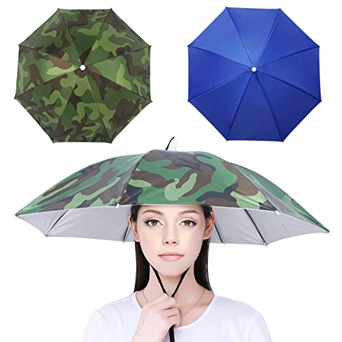 YANGSHINE 2PCS Regenschirm Hut mit elastischem Band, Fischen Regenschirm Cap im Freien Falten Kopfbedeckung Regenschirm Hut für Erwachsene Kinder Frauen Männer, Camouflage +blau von YANGSHINE
