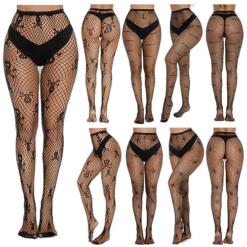 Yangshine 3 Paare Halloween Fischnetze Strümpfe Schädel Spinnennetz Hohe Taille Mesh Strumpfhosen Strümpfe Schwarze Fischnetz Strumpfhosen für Frauen, Farbe#3 von Yangshine