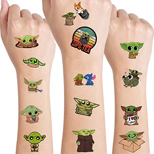 4 Blatt Baby Yoda Temporäre Tattoos für Kinder, Geburtstagsfeierzubehör Anime Cartoon Gefälschte Tattoos Aufkleber Partygeschenke für Kinder Jungen Mädchen Geburtstagsdekorationen Partyspiel von Yangsiw