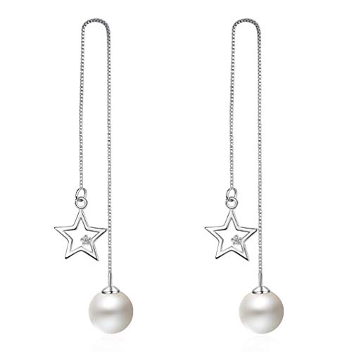 Yangver Damen Mädchen Lang Hohl Stern Ohrstecker 925er Silber mit Perlen Anhänger,Temperament Pentagramm Ohrschnur Ohrringe Nickelfreie von Yangver