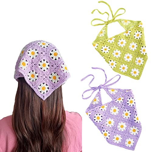 2 Stück Häkelhaar Bandanas für Frauen, Boho Blumen Kopftuch für Frauen, Gehäkelter Dreieck Kopftuch, Vintage Blumen Haarschal, Violett und Grün, One size von Yanmucy