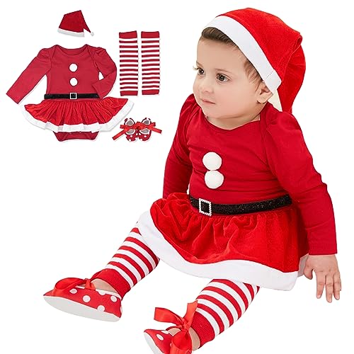 Baby Weihnachtsoutfit 4PCS neugeborenes Baby Mädchen Weihnachten Kleid Santaa Claus Baby Kleid Tutu Strampler Rock Hüte für Baby Mädchen 0~18 Monate (as3, Age, 0_Month, 3_Months, Rot) von Yanmucy