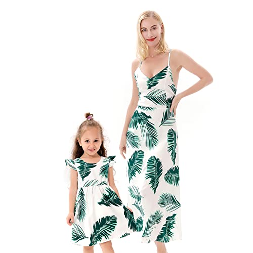 Mom and Me Sommerkleid für Mutter und Tochter mit grünen Blättern ärmellos Röcke für Familie passendes Strandoutfit 2-3 Jahre von Yanmucy