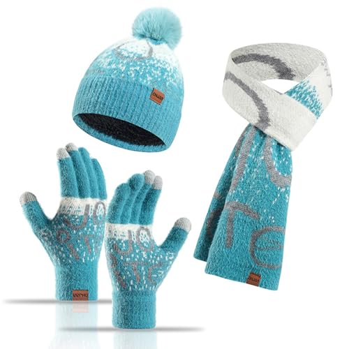 Yanmucy 3Pcs Winter Mütze Hut Schal Handschuhe Set für Frauen Männer Brief warm stricken Skimütze Touchscreen Handschuhe Paare Matching Outfit (Blau, One size) von Yanmucy