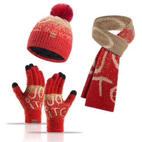 Yanmucy 3Pcs Winter Mütze Hut Schal Handschuhe Set für Frauen Männer Brief warm stricken Skimütze Touchscreen Handschuhe Paare Matching Outfit (Rot, One size) von Yanmucy