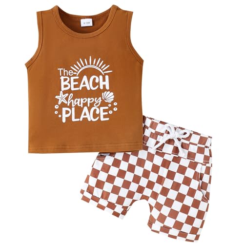Yanmucy Baby Junge Sommerkleidung Set solide ärmelloses Tank Top Kariert kurz 2PCS Niedlich Kleinkind Kleinkind Junge Outfits (Braun, 6-12 Monate) von Yanmucy
