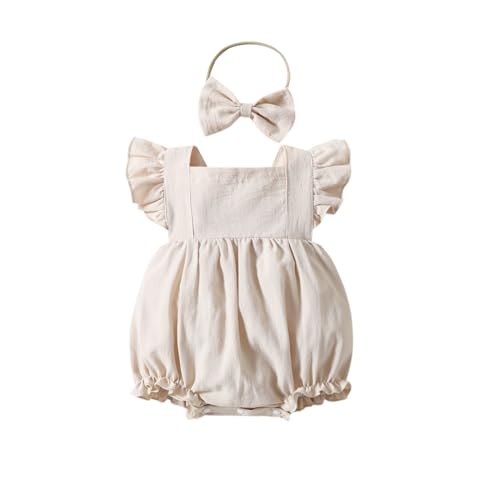 Yanmucy Baby Mädchen Baumwolle Strampler Neugeborenes Kleinkind Ruffle ärmellos rückenfrei Bodysuit mit Stirnband Sommer Baby Overall Outfits 0-18 Monate (Beige, 12-18 Monate) von Yanmucy