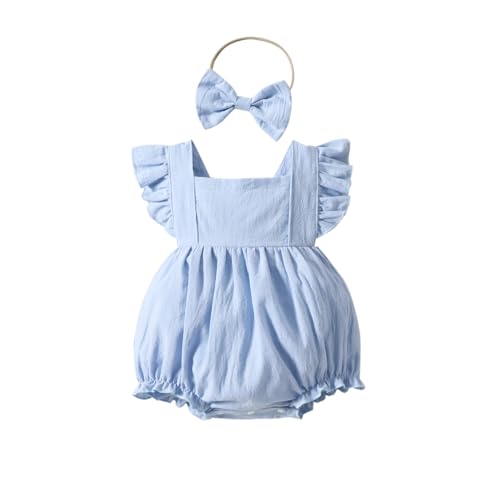 Yanmucy Baby Mädchen Baumwolle Strampler Neugeborenes Kleinkind Ruffle ärmellos rückenfrei Bodysuit mit Stirnband Sommer Baby Overall Outfits 0-18 Monate (Blau, 3-6 Monate) von Yanmucy