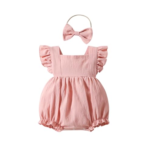 Yanmucy Baby Mädchen Baumwolle Strampler Neugeborenes Kleinkind Ruffle ärmellos rückenfrei Bodysuit mit Stirnband Sommer Baby Overall Outfits 0-18 Monate (Rosa, 3-6 Monate) von Yanmucy