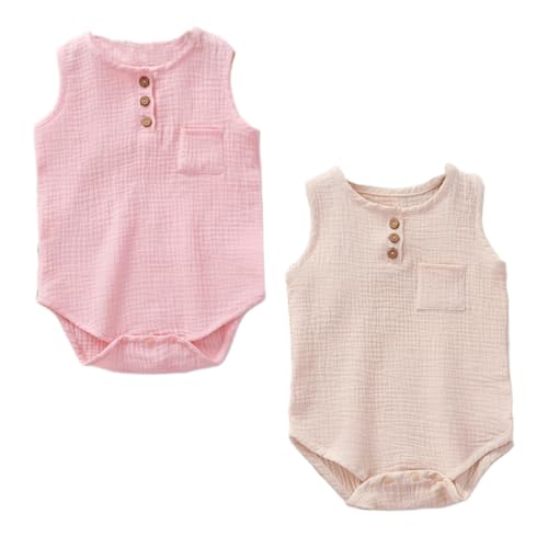 Yanmucy Baby Mädchen Baumwolle Strampler Neugeborenes Weiches ärmelloses Bodysuit Sommer Baby Junge Jumpsuit Overall Outfits 0-18 Monate （Pack von 2 (beige+rosa, 3-6 Monate) von Yanmucy
