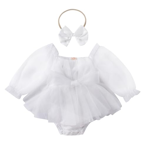 Yanmucy Baby Mädchen Kleid mit Schleife Stirnband Sommer Ruffle Tulle Strampler für Kleinkind Langarm Prinzessin Rock für 0-24 Monate (DE/NL/SE/PL, Alter, 18 Monate, 24 Monate, Weiß) von Yanmucy