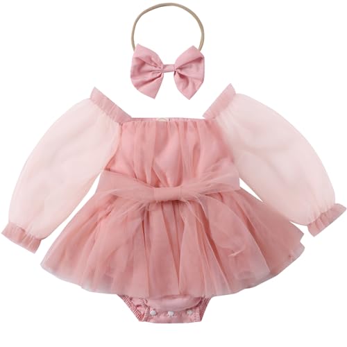 Yanmucy Baby Mädchen Kleid mit Schleife Stirnband Sommer Ruffle Tulle Strampler für Kleinkind Langarm Prinzessin Rock für 0-24 Monate (DE/NL/SE/PL, Alter, 6 Monate, 12 Monate, Rosa) von Yanmucy