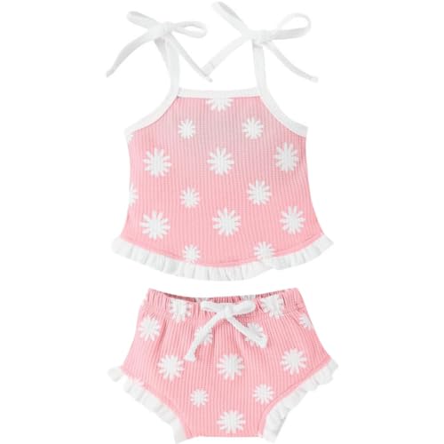 Yanmucy Baby Mädchen Kleidung Outfits Sommer Daisy Waffle Suspender Ruffle Shorts Set Neugeborenes Kleinkind Kleinkind ärmellose Kleidung Overall (khaki, 6-12 Monate) von Yanmucy