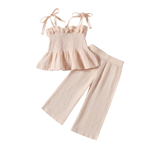 Yanmucy Baby Mädchen Kleidung Sommerkleider 2PCS Rüschen Ärmelloses Cami-Top und lange Hose Kleinkind Soild Ribbed Outfis (Beige, 6-9 Monate) von Yanmucy