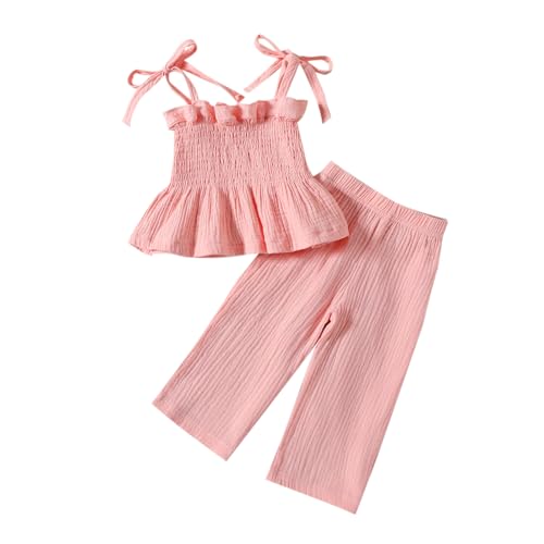 Yanmucy Baby Mädchen Kleidung Sommerkleider 2PCS Rüschen Ärmelloses Cami-Top und lange Hose Kleinkind Soild Ribbed Outfis (Rosa, 12-18 Monate) von Yanmucy