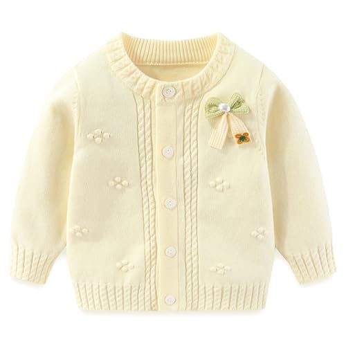 Yanmucy Baby Mädchen Pullover Strickjacken Schleife Baumwolle Strickpullover Mantel Kleinkind Baby Kleidung Warme Strickwaren Frühling Herbst Jacke (DE/NL/SE/PL, Alter, 12 Monate, 18 Monate, gelb) von Yanmucy