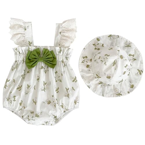 Yanmucy Baby Mädchen Sommerkleidung Säugling Kleinkind Mädchen Ruffle Strampler mit Sonnenhut Baumwolle ärmellose Ganzkörperanzug für 0-12 Monate (Strampler, 6-9 Monate) von Yanmucy