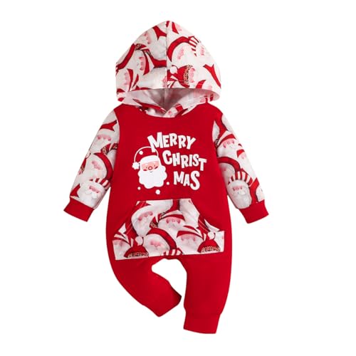 Yanmucy Baby Weihnachten Outfit Hoodie Weihnachten Strampler Neugeborenes Baby Mädchen Junge Bodysuit Kleinkind Weihnachten Overall Kleidung 0-18 Monate (Rot, 9-12 Monate) von Yanmucy