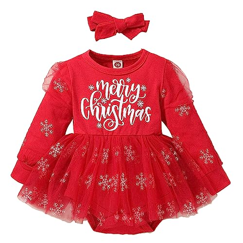 Yanmucy Baby Weihnachten Outfit niedlich Kleinkind Klettern Bodysuits mit Stirnband rot Weihnachten einteiliges Kleid für Baby Mädchen 0~3 Jahre (as3, age, 6_months, 12_months) von Yanmucy