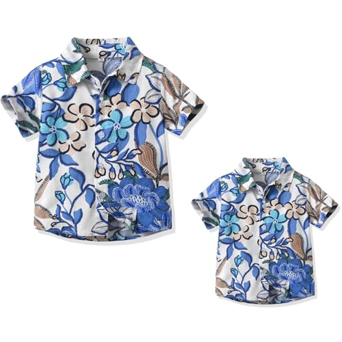 Yanmucy Herren und Jungen Hawaiihemd Kurzarmhemd Vater und Sohn Matching Beachwear Hemden Jungen Floral Print Baumwolle Button-Down Freizeithemden Eltern-Kind-Sommer-Kleidung von Yanmucy