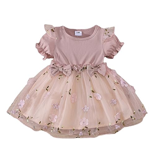 Yanmucy Kleider für Mädchen Kleinkind Baby Mädchen Kleid Infant Bowknot Rüschen Tutu Outfit Kurze Ärmel Floral Strampler Kleidung Layered Spitze Röcke von Yanmucy