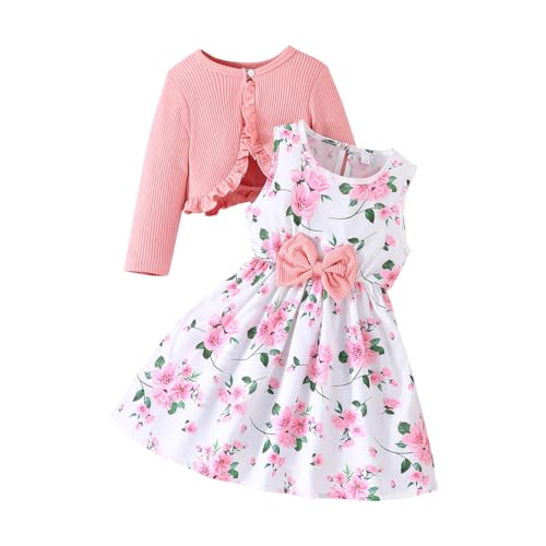 Yanmucy Kleine Mädchen Kleider mit Strickjacke Sets Baby Mädchen Kleider Kleinkind Kinder Langarm Ruffle Mantel Mädchen Kleidung für 2-14 Jahre von Yanmucy