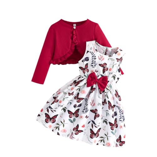 Yanmucy Kleine Mädchen Kleider mit Strickjacke Sets Baby Mädchen Kleider Kleinkind Kinder Langarm Ruffle Mantel Mädchen Kleidung für 2-14 Jahre von Yanmucy