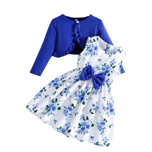 Yanmucy Kleine Mädchen Kleider mit Strickjacke Sets Baby Mädchen Kleider Kleinkind Kinder Langarm Ruffle Mantel Mädchen Kleidung für 2-14 Jahre von Yanmucy