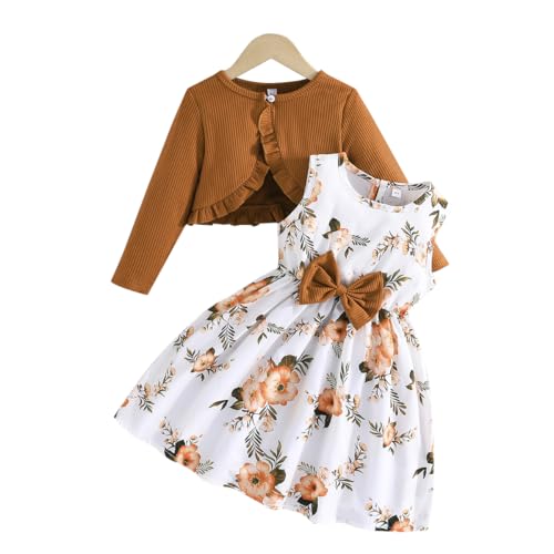 Yanmucy Kleine Mädchen Kleider mit Strickjacke Sets Baby Mädchen Kleider Kleinkind Kinder Langarm Ruffle Mantel Mädchen Kleidung für 2-14 Jahre von Yanmucy